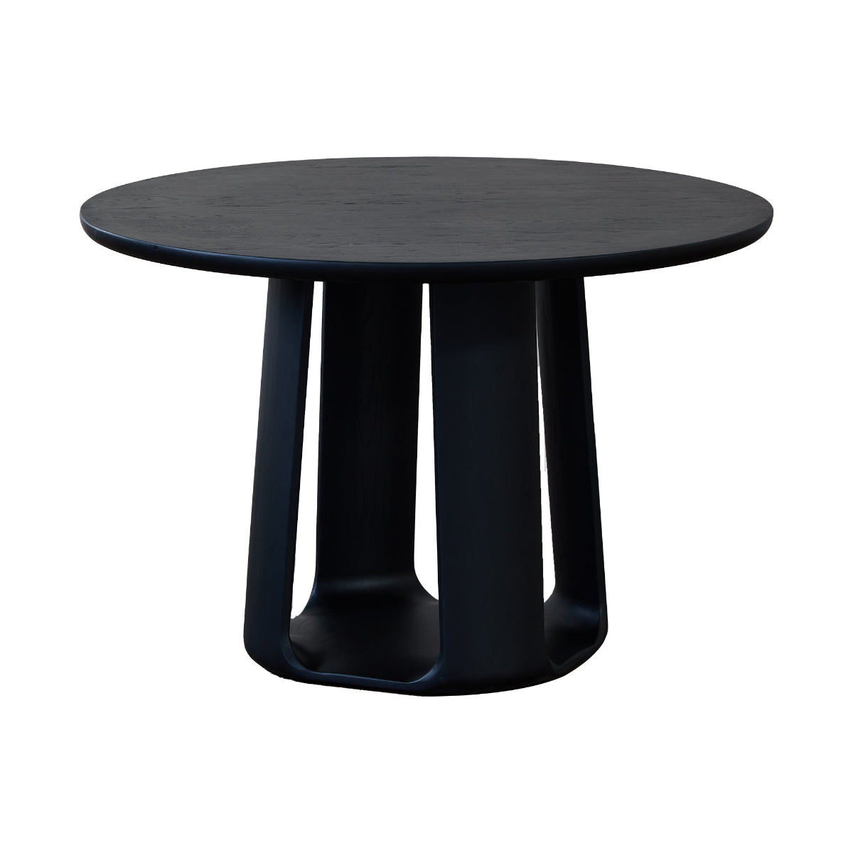 Black round table with unique cylindrical legs on a white background