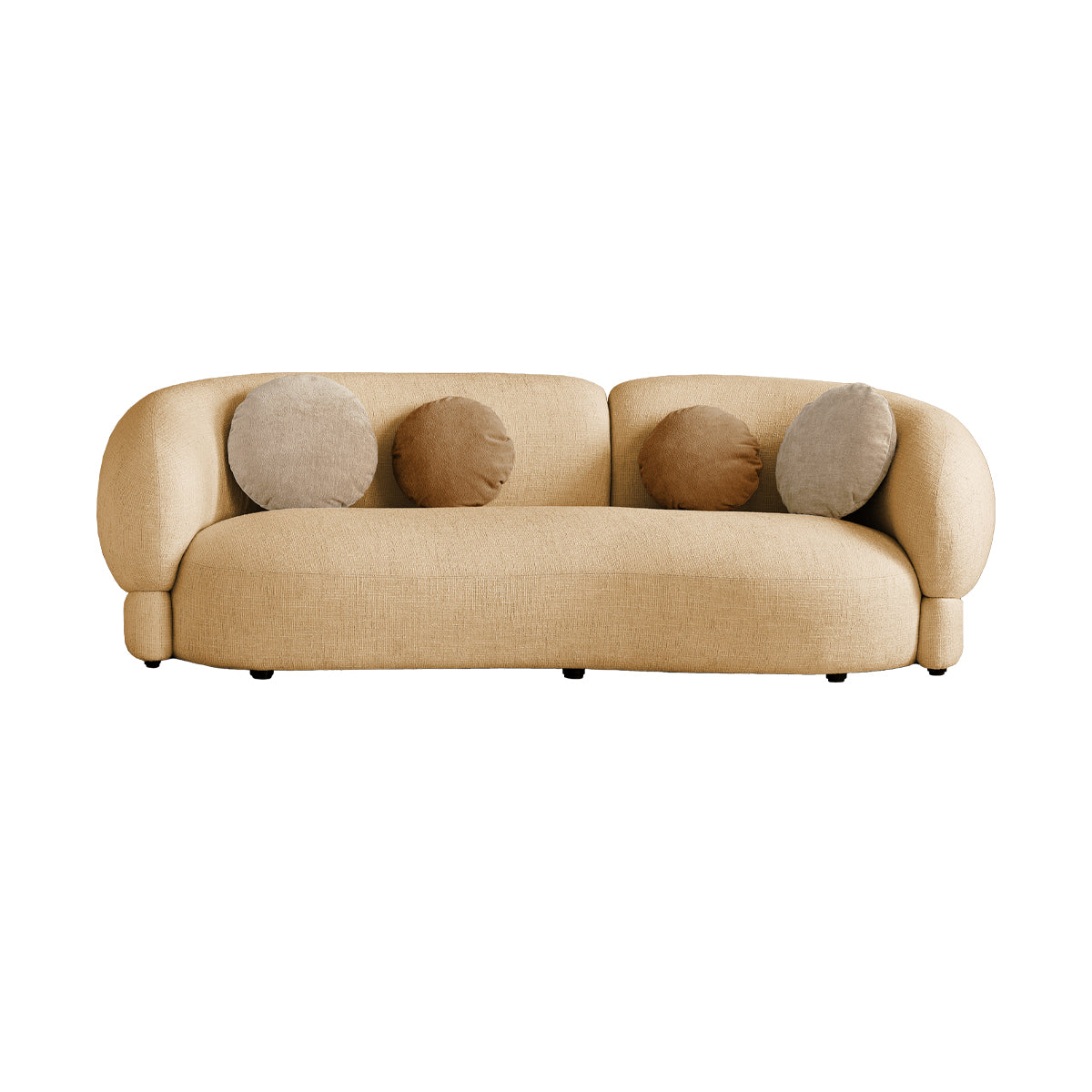 Beige sofa with four round cushions on a white background
