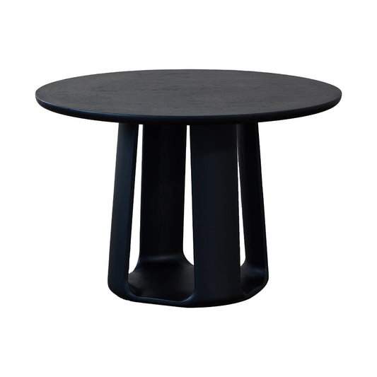 Black round table with unique cylindrical legs on a white background