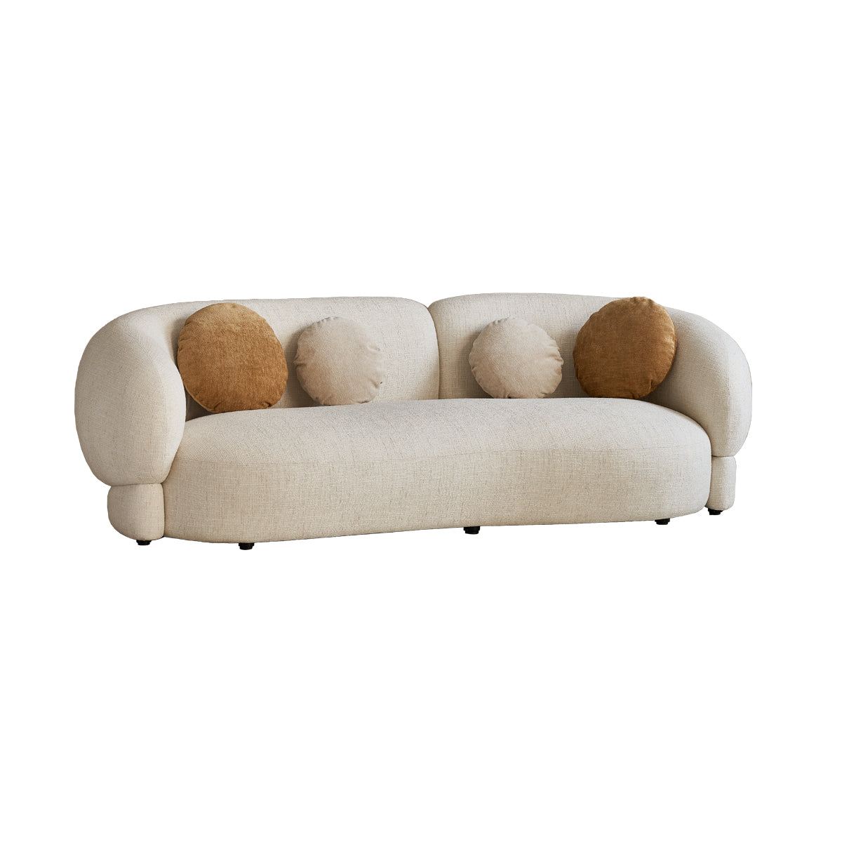 Beige sofa with four cushions on a white background