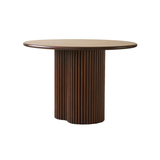 Round wooden table with a ribbed cylindrical base on a white background