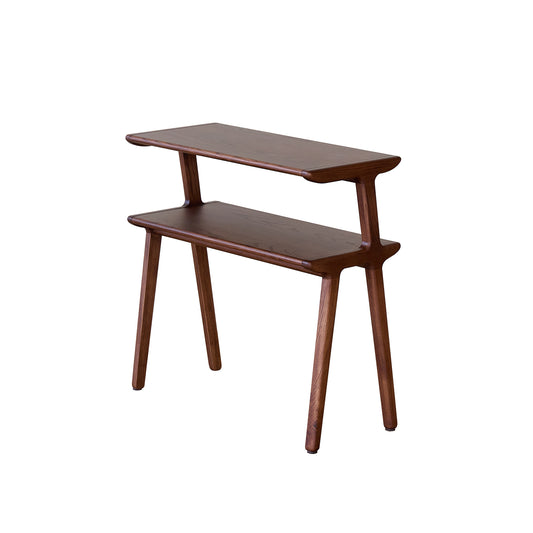 Wooden side table with two shelves on a white background