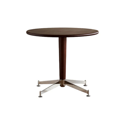 Round wooden table with a metal base on a white background