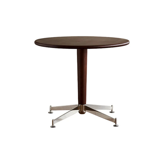 Round wooden table with a metal base on a white background